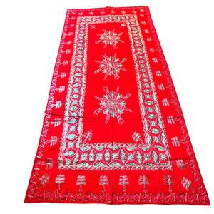 Vintage 1980's Christmas buffet tablecloth red with green & gold embroidery